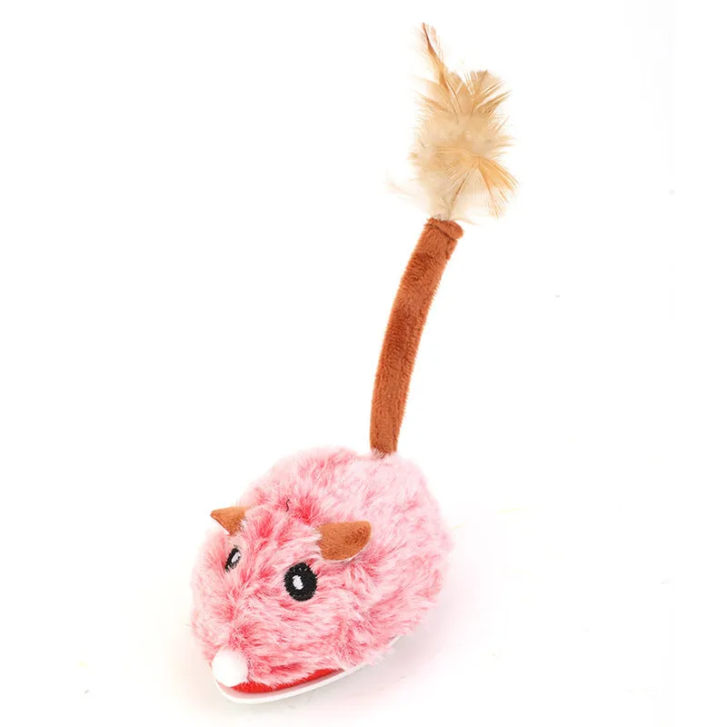 Electric cat pole toy with a moving plush mouse in pink, dark grey, or purple colours.