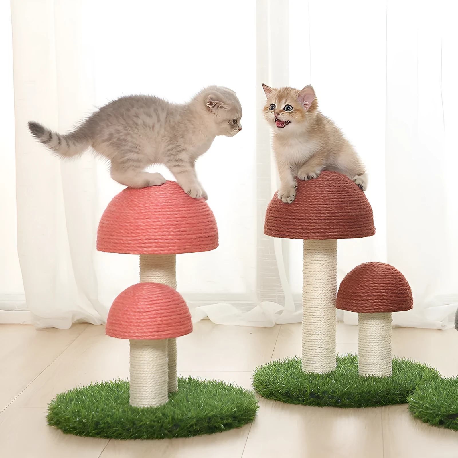Cotton rope mushroom cat scratch post in Coffee Mushroom with Ball colour for indoor cats
