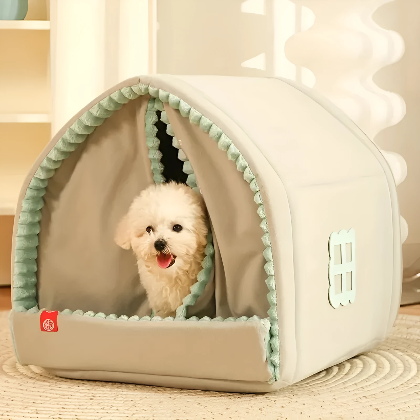 Warm CUTE House small dog house with door curtain, polyester and PU sponge, size L for pets up to 15kg