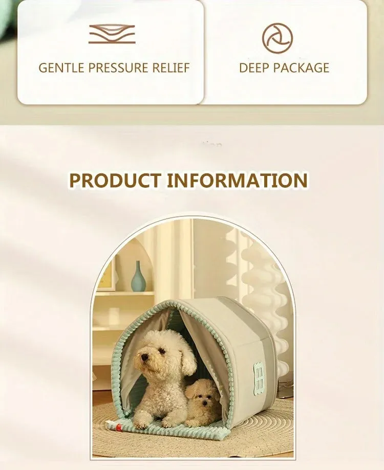 Warm CUTE House small dog house with door curtain, polyester and PU sponge, size L for pets up to 15kg