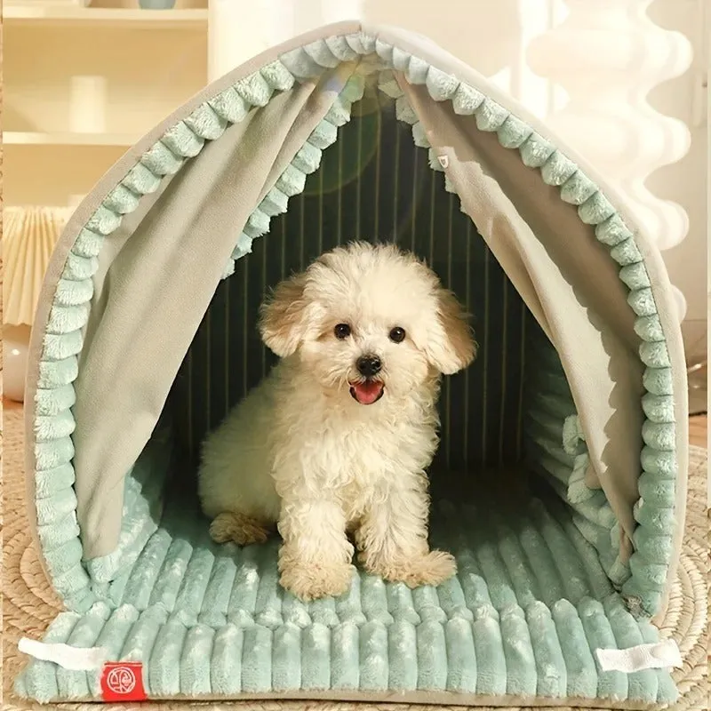 Warm CUTE House small dog house with door curtain, polyester and PU sponge, size L for pets up to 15kg
