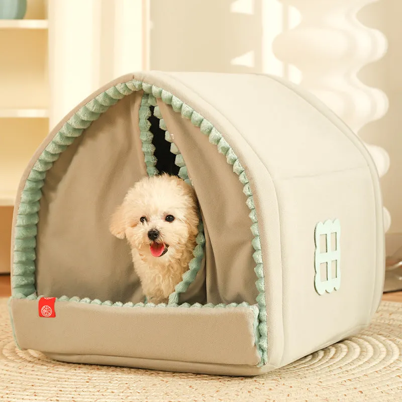 Warm CUTE House small dog house with door curtain, polyester and PU sponge, size L for pets up to 15kg