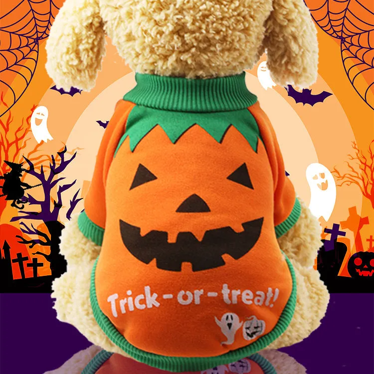 Pet clothes Halloween costume showing black cat spider pumpkin pullover on small dog, XS-2XL size options