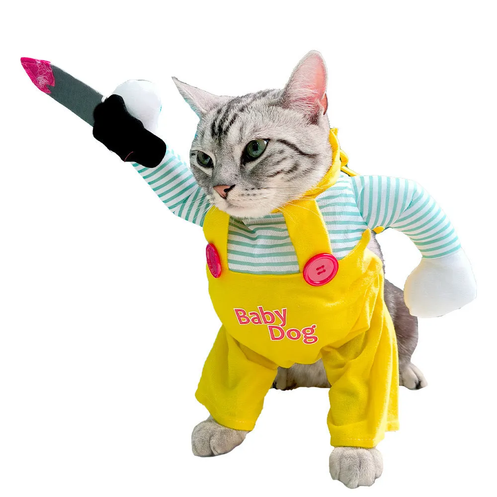 Yellow knife assassin costume for cat on hanger showing B02405 colour and polyester material