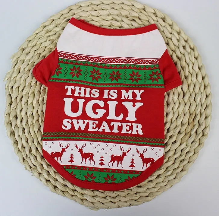 Red two-legged pet vest for Teddy dogs sized XS to XL on a small dog for autumn Christmas wear