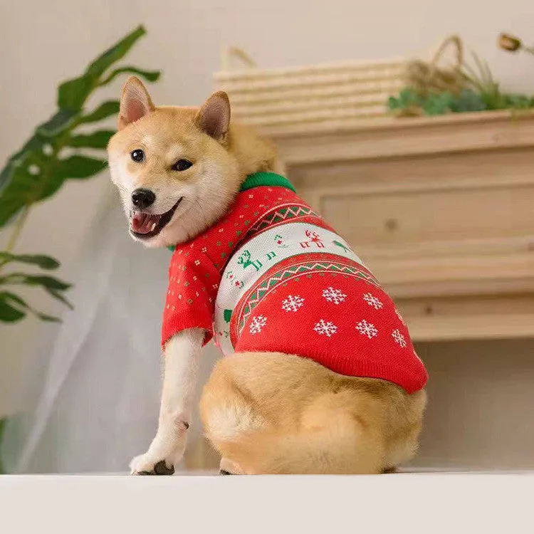 Red wool pet sweater with Snow Elk Christmas design on a white background