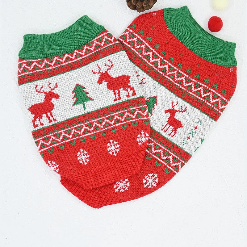 Red wool pet sweater with Snow Elk Christmas design on a white background