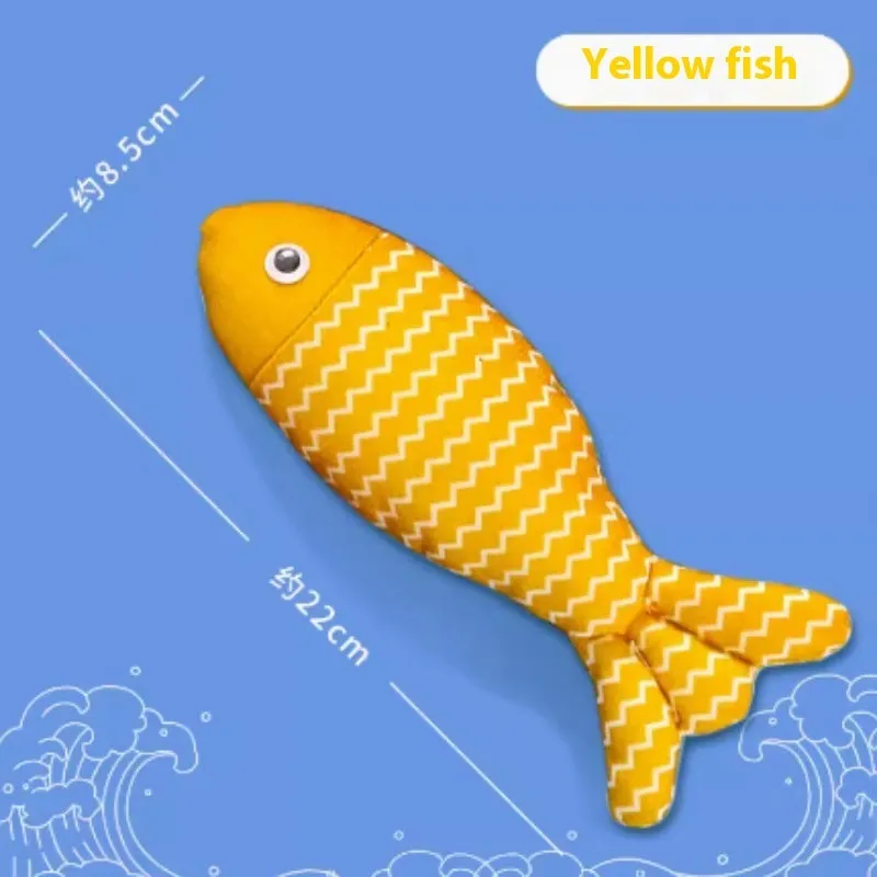 Catnip fish cat toy in yellow, red, or blue colour options for feline boredom relief