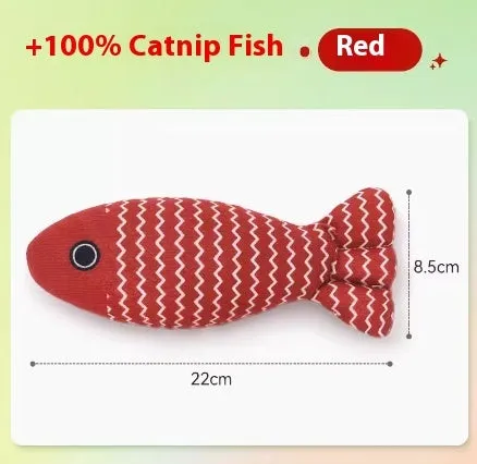 Catnip fish cat toy in yellow, red, or blue colour options for feline boredom relief