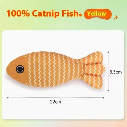 Catnip fish cat toy in yellow, red, or blue colour options for feline boredom relief