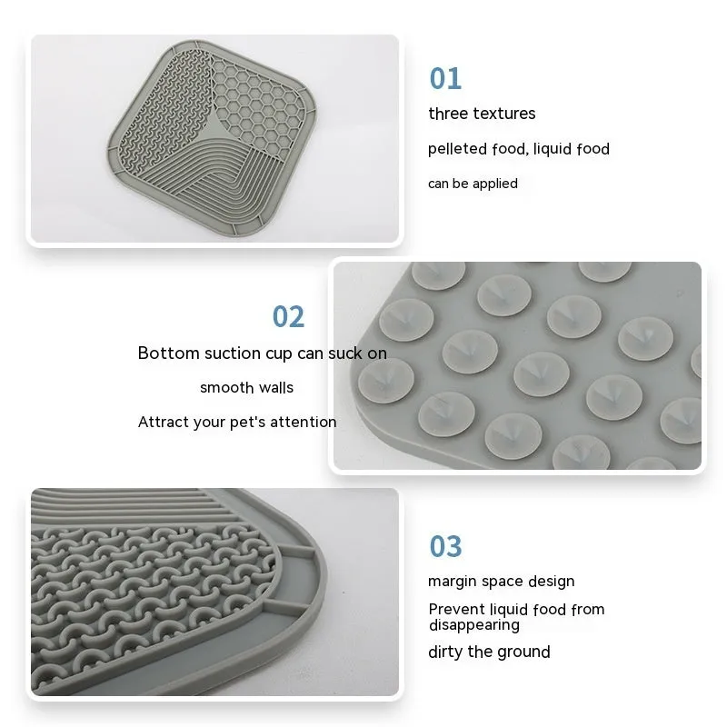 Gray silicone anti-choke slow feeding dog licking pad with textured surface on a flat surface