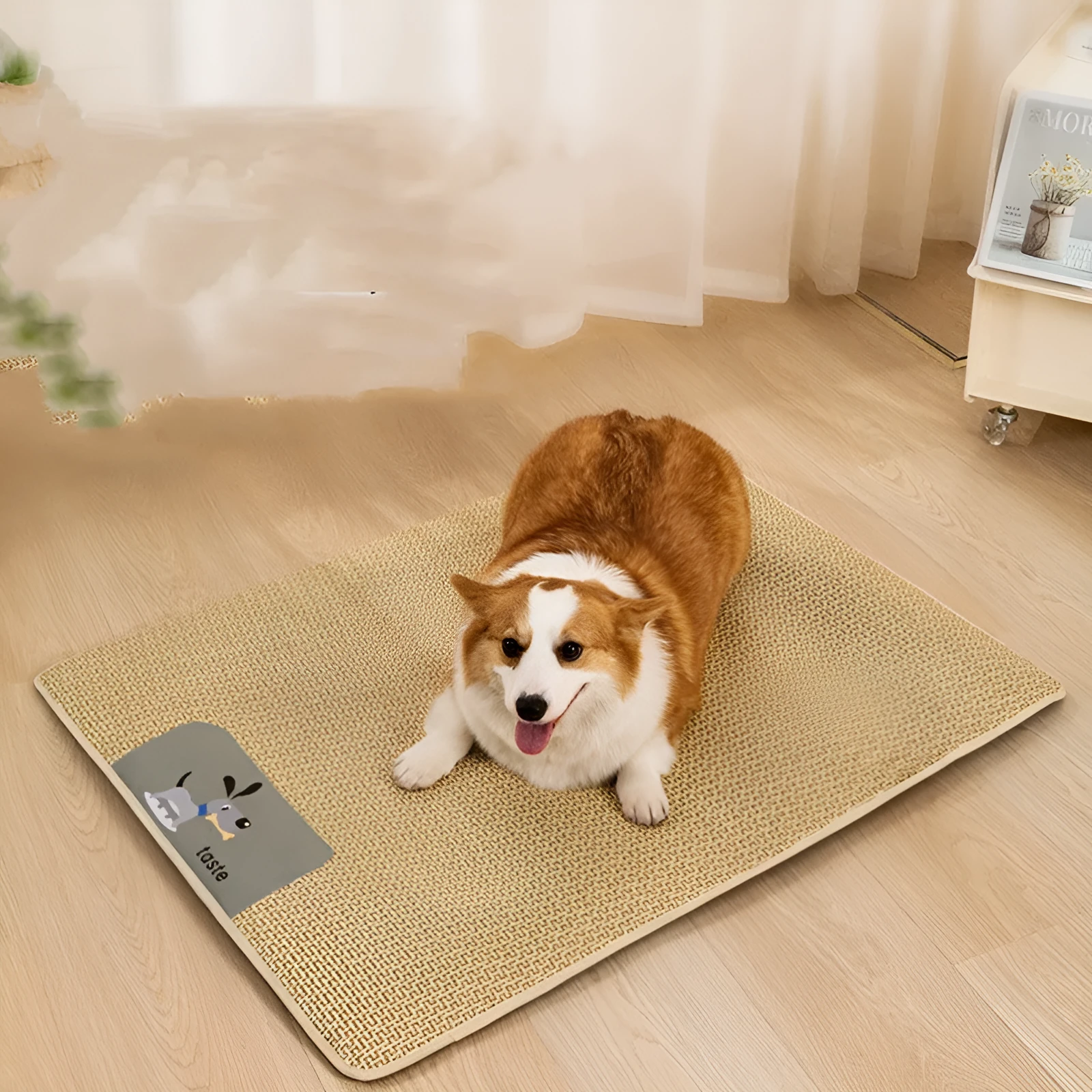 Woven pet cooling mat in beige, suitable for cats and dogs, size options from XS to XL