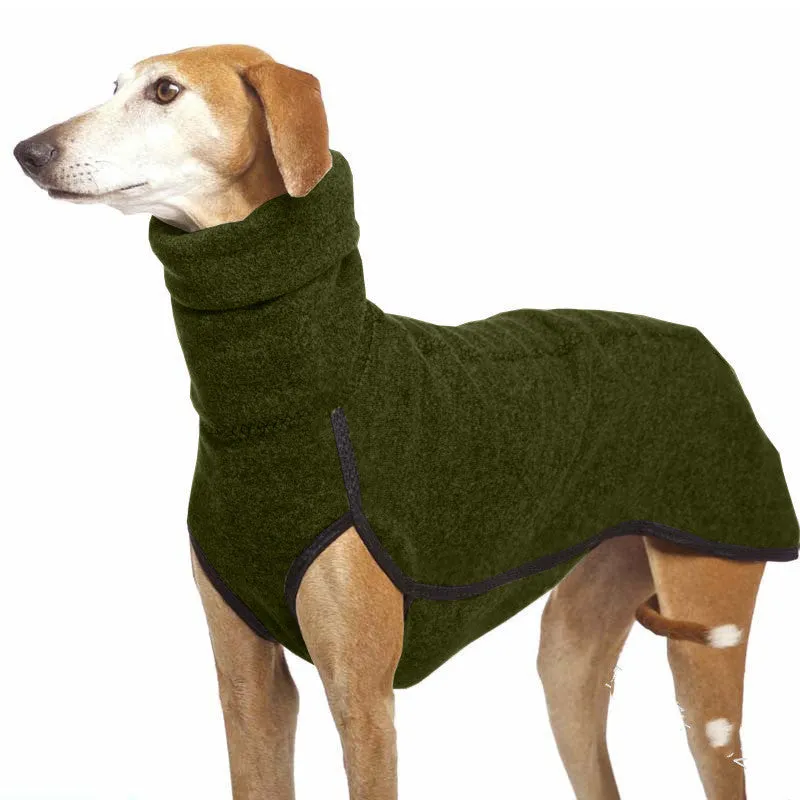 Winter dog coat in Army Green with high collar, two-legged design for medium large dogs like French Bulldogs
