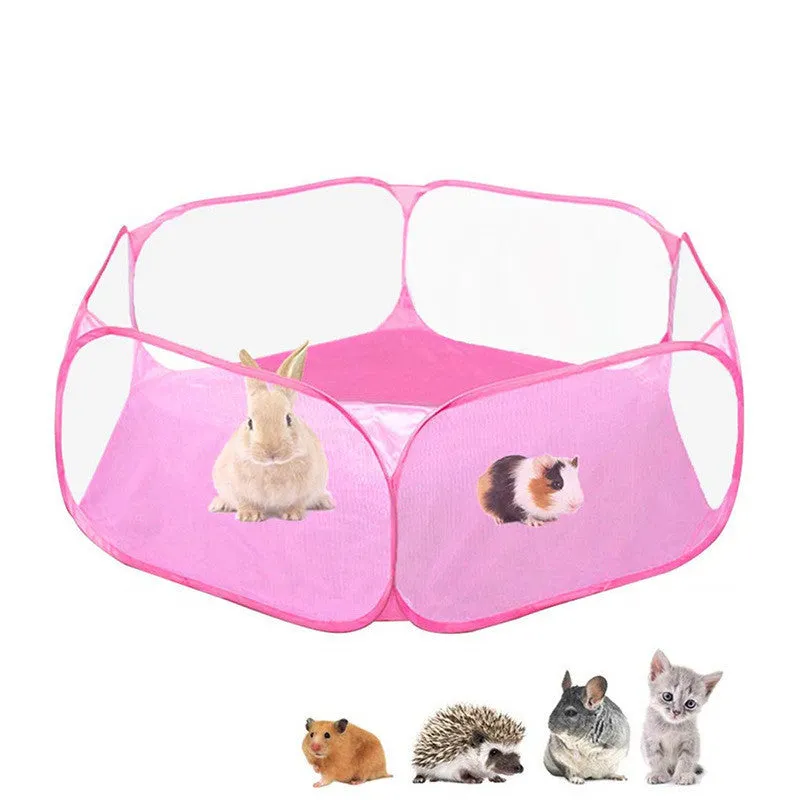Portable folding small animal playpen with breathable mesh and automatic pop-up in blue, set up indoors with a small pet inside