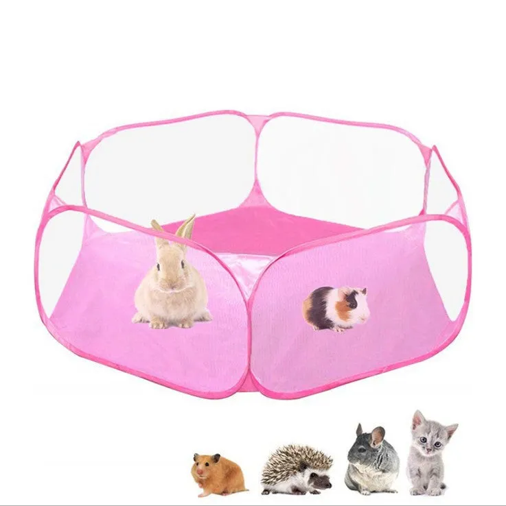 Portable folding small animal playpen with breathable mesh and automatic pop-up in blue, set up indoors with a small pet inside