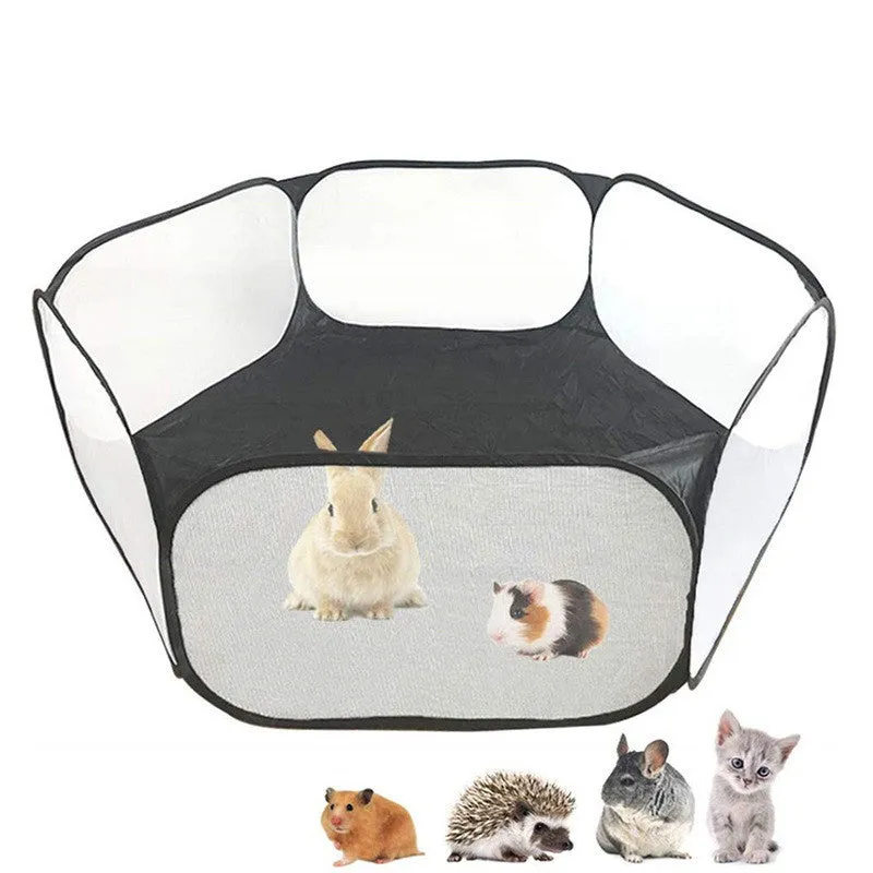 Portable folding small animal playpen with breathable mesh and automatic pop-up in blue, set up indoors with a small pet inside