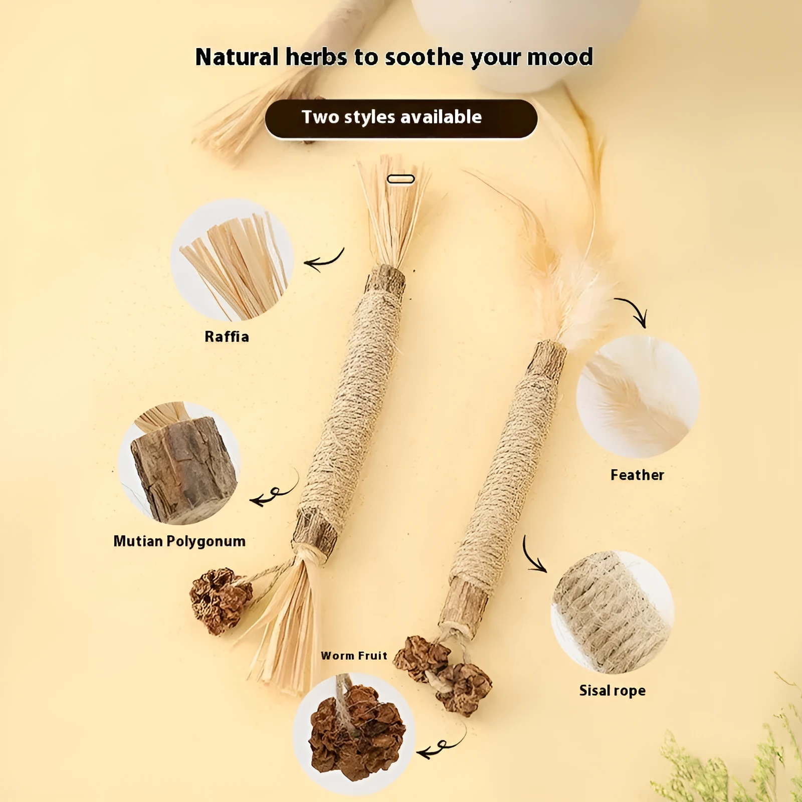Polygonum Mu cat teeth grinding rod with 2.2cm diameter and Lafite grass catnip elements