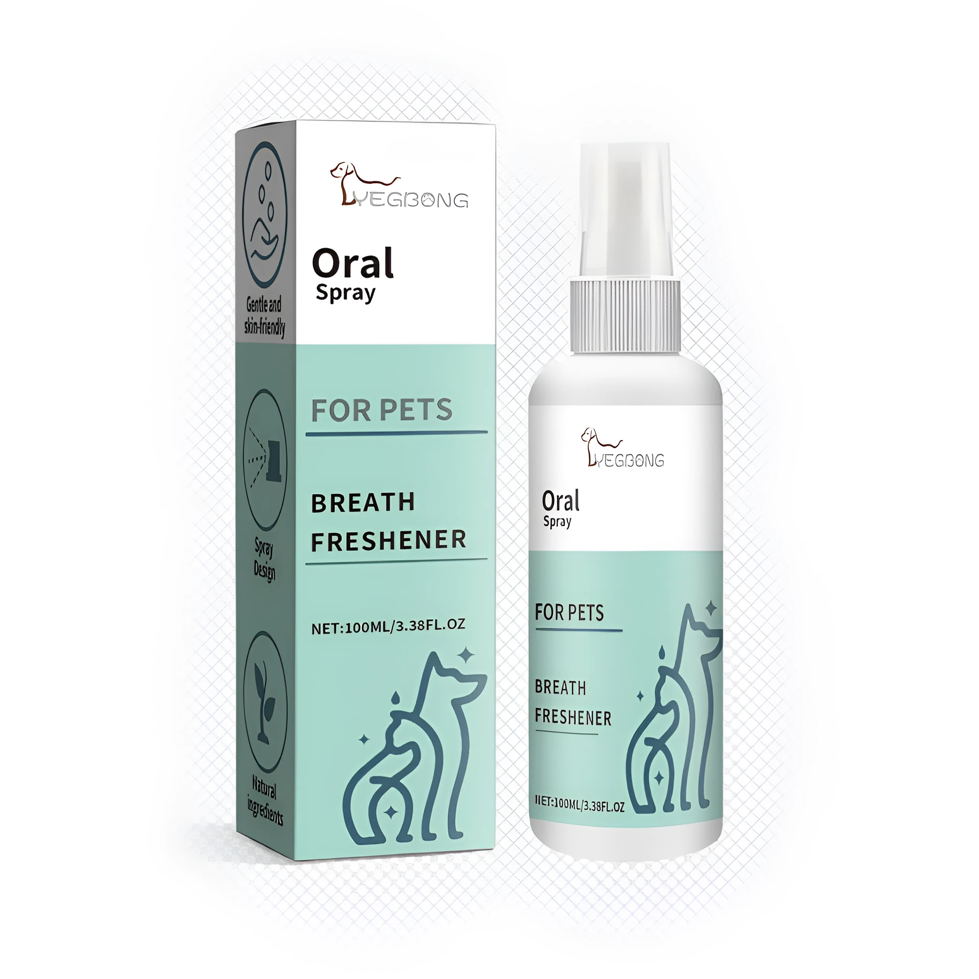 Light blue PET bottle of oral care spray cleaner for pets, 3.8x14.6cm, with propolis and mint leaf oil