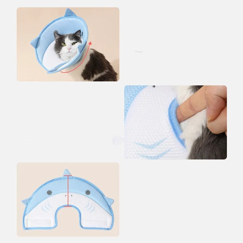 Pet protective cover in blue shark cartoon pattern, made from mesh cloth, on a light background