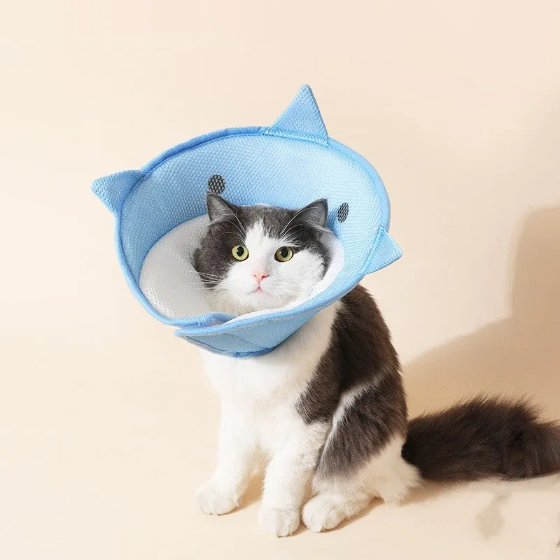 Pet protective cover in blue shark cartoon pattern, made from mesh cloth, on a light background