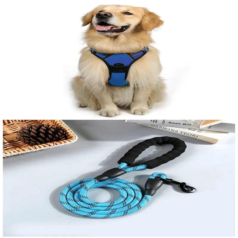 Adjustable nylon dog harness vest in blue, side view showing chest strap and buckle