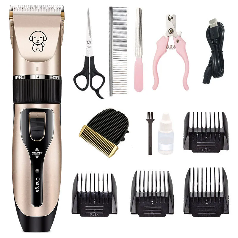 Compact dog shaver with titanium ceramic blade and charging cable on a white background
