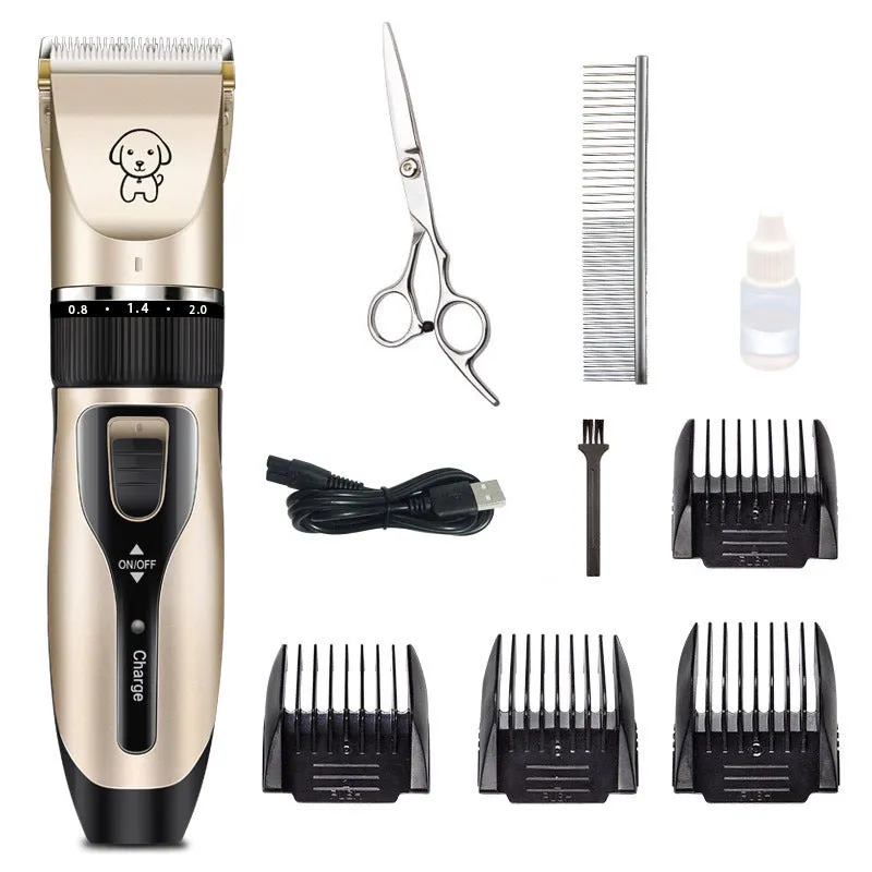 Compact dog shaver with titanium ceramic blade and charging cable on a white background