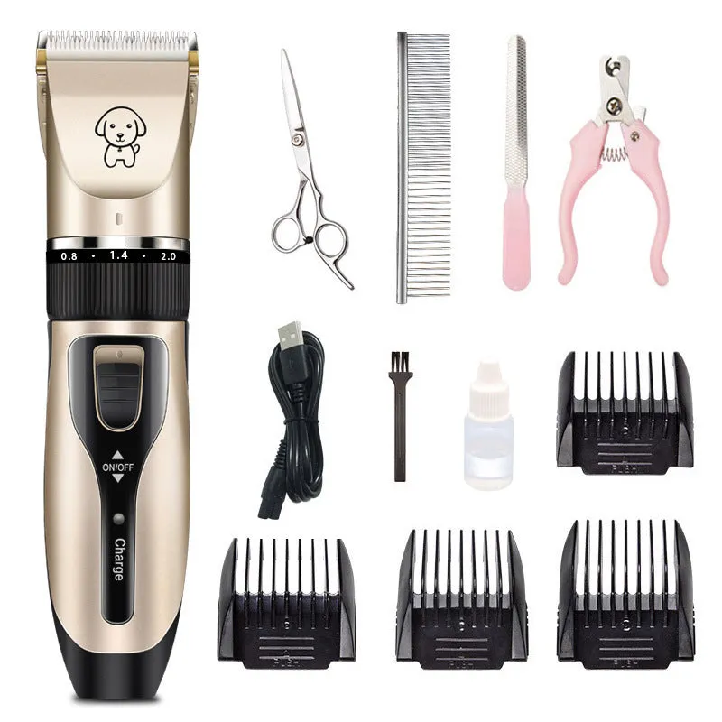 Compact dog shaver with titanium ceramic blade and charging cable on a white background