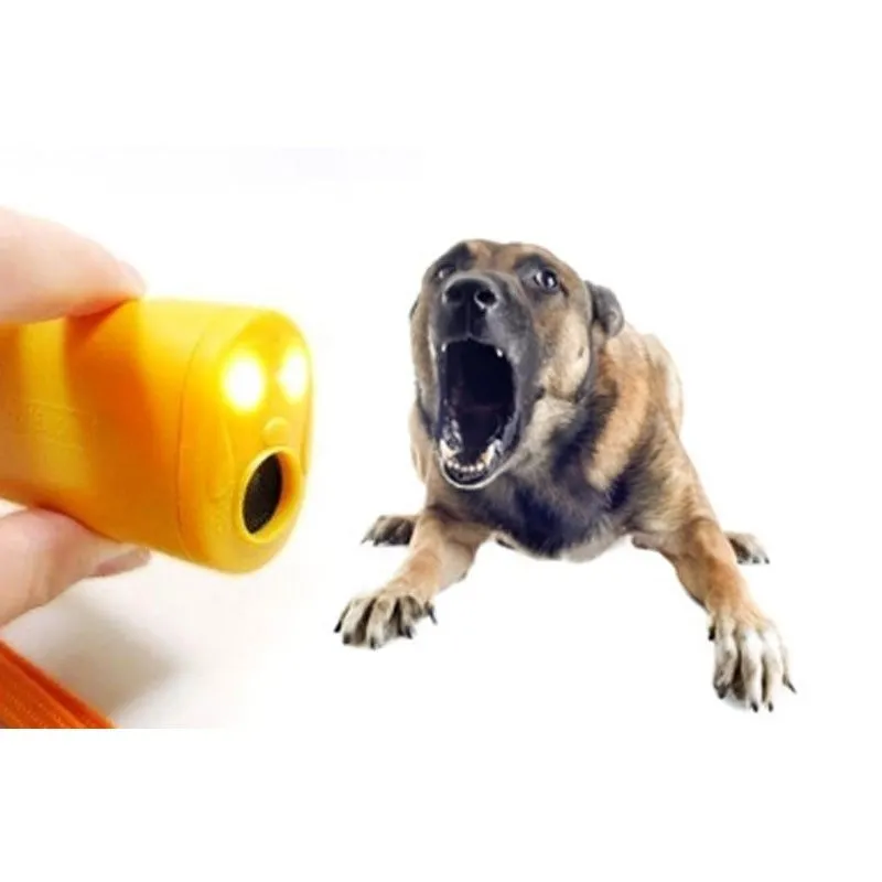 Hand-held ultrasonic dog repellent trainer with 125dB ultrasound and 28000mcd white light, 140mm size, black colour