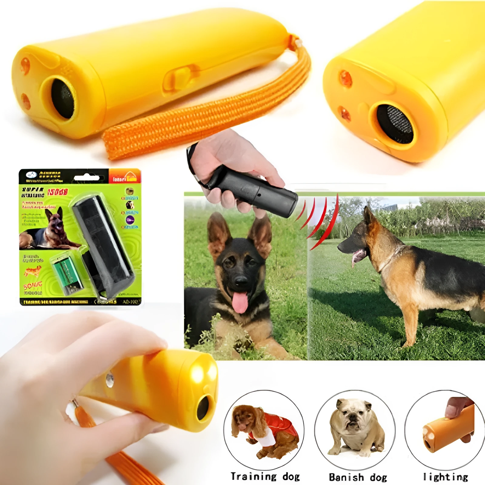 Hand-held ultrasonic dog repellent trainer with 125dB ultrasound and 28000mcd white light, 140mm size, black colour