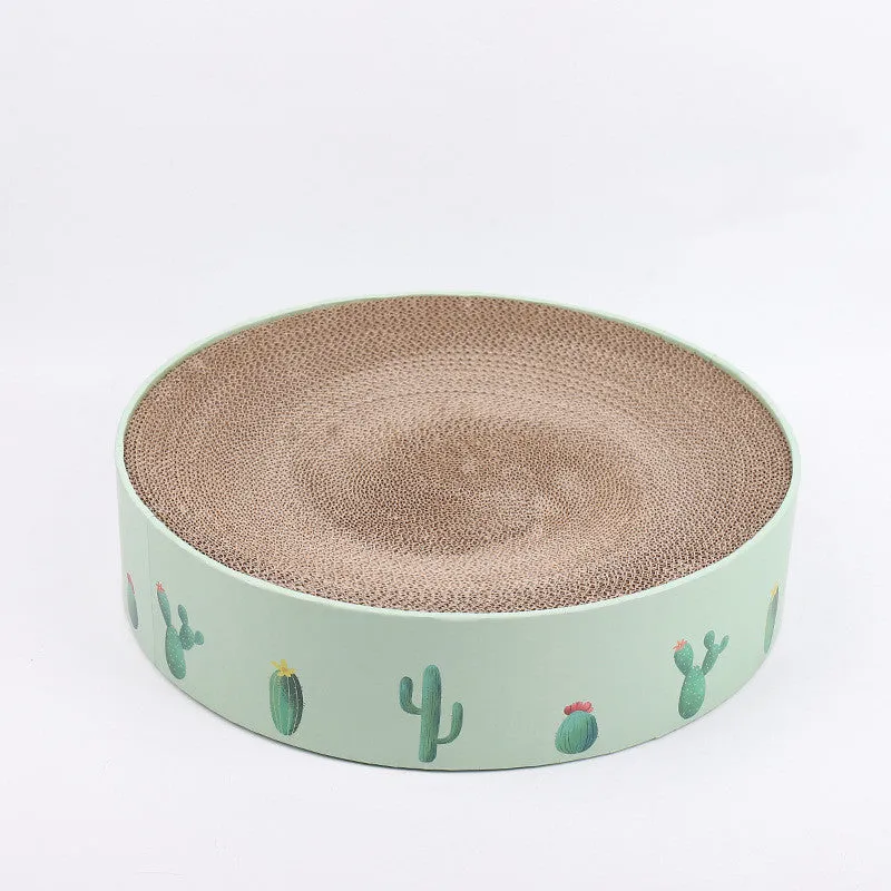 Green round corrugated paper cat scratching pad and bed for medium cats, 36x36x8cm