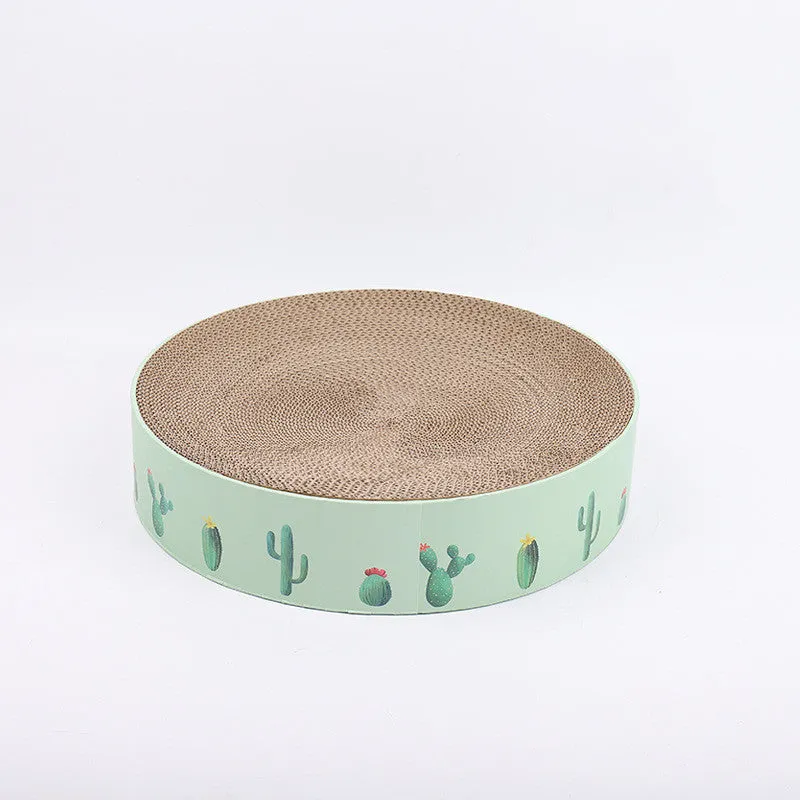 Green round corrugated paper cat scratching pad and bed for medium cats, 36x36x8cm
