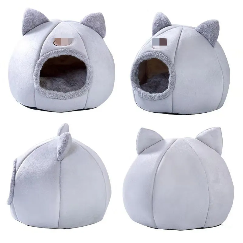 Grey closed cat nest made of Arctic velvet and short plush with a removable washable sleeping mat, available in L and M sizes