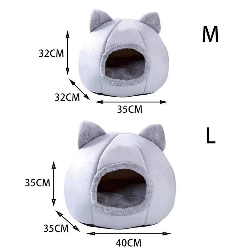 Grey closed cat nest made of Arctic velvet and short plush with a removable washable sleeping mat, available in L and M sizes