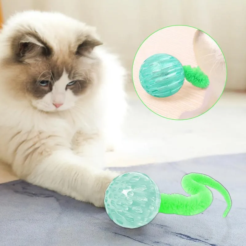 Bouncy TPR ball cat toy with soft plush tail attachment in green colour