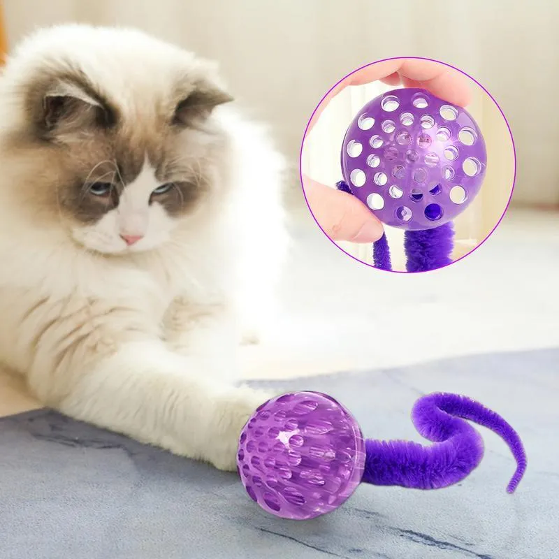 Bouncy TPR ball cat toy with soft plush tail attachment in green colour
