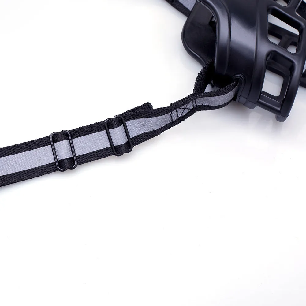 Adjustable dog muzzle made from soft rubber, available in black and yellow, six sizes from 18cm to 43cm