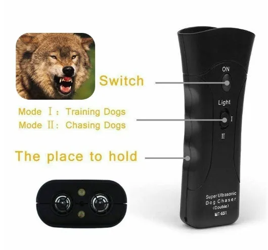 Multi-function ultrasonic dog chaser flashlight ABS black 14cm length with switch and button