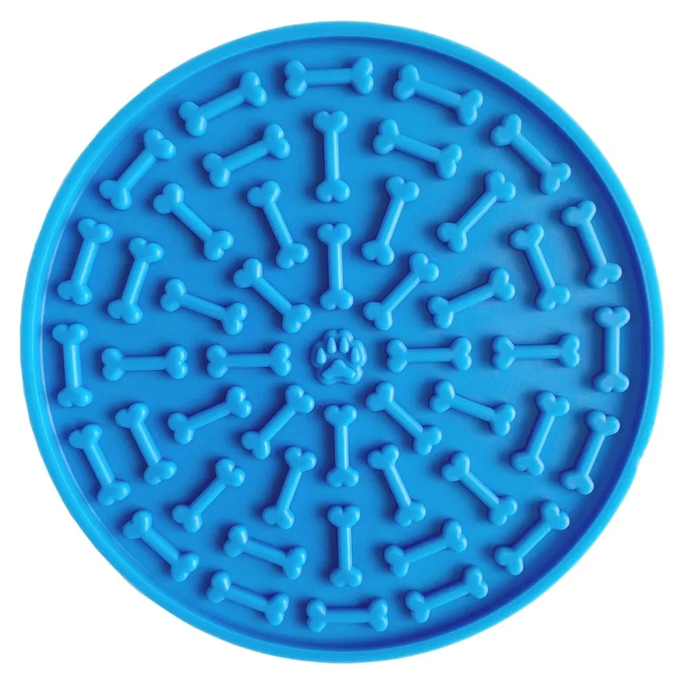 Silicone dog licking mat suction cup slow feeder with square lattice texture in blue and orange