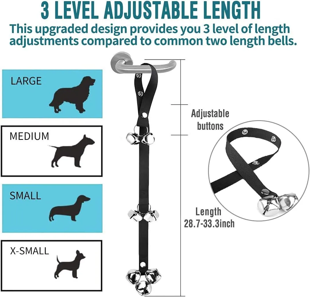 Seven large silver metal dog training bells hanging on an adjustable black nylon leash.