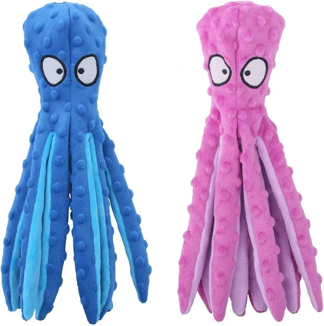 Blue octopus-shaped dog chew toy with crinkle paper and squeaker, no stuffing.
