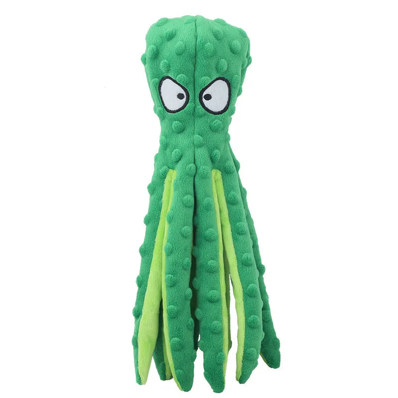 Blue octopus-shaped dog chew toy with crinkle paper and squeaker, no stuffing.