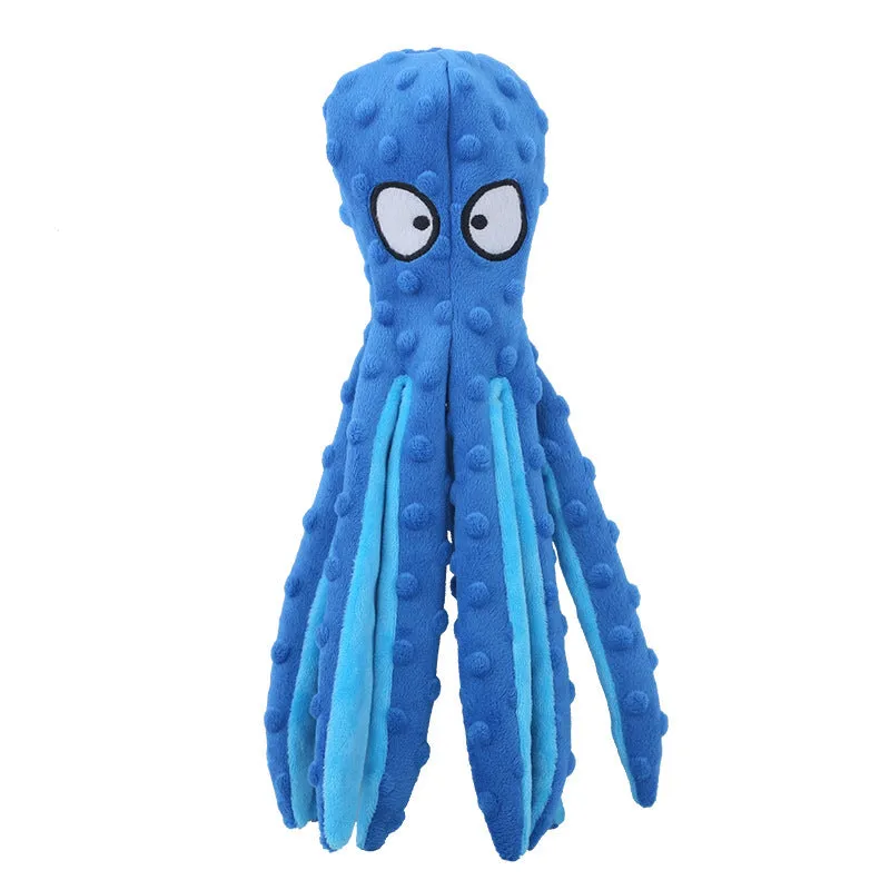 Blue octopus-shaped dog chew toy with crinkle paper and squeaker, no stuffing.