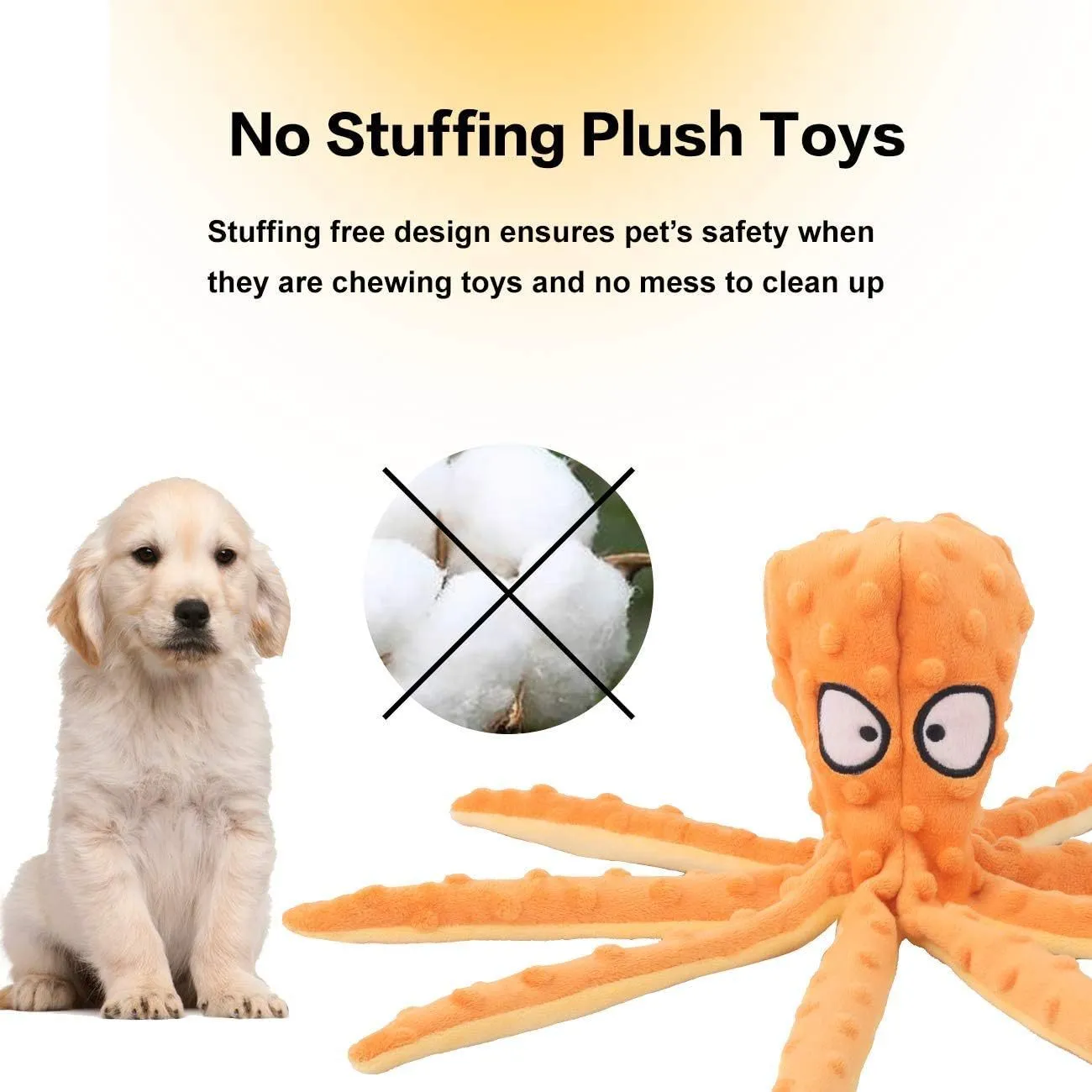 Blue octopus-shaped dog chew toy with crinkle paper and squeaker, no stuffing.