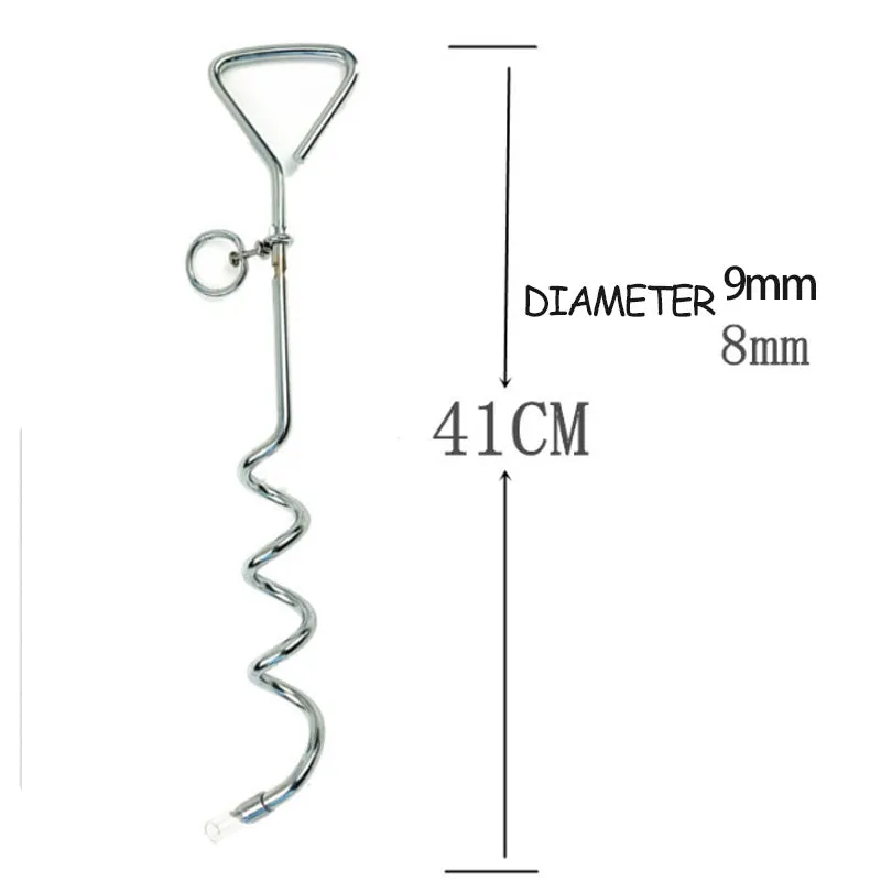 Silver spiral dog tie out stake made of steel, shown screwed into sandy ground with a leash attached.