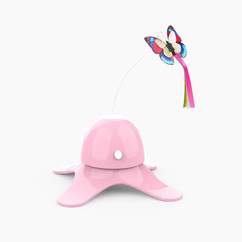 Automatic cat toy with rotating butterfly on stable octopus base, blue colour, glowing in dark