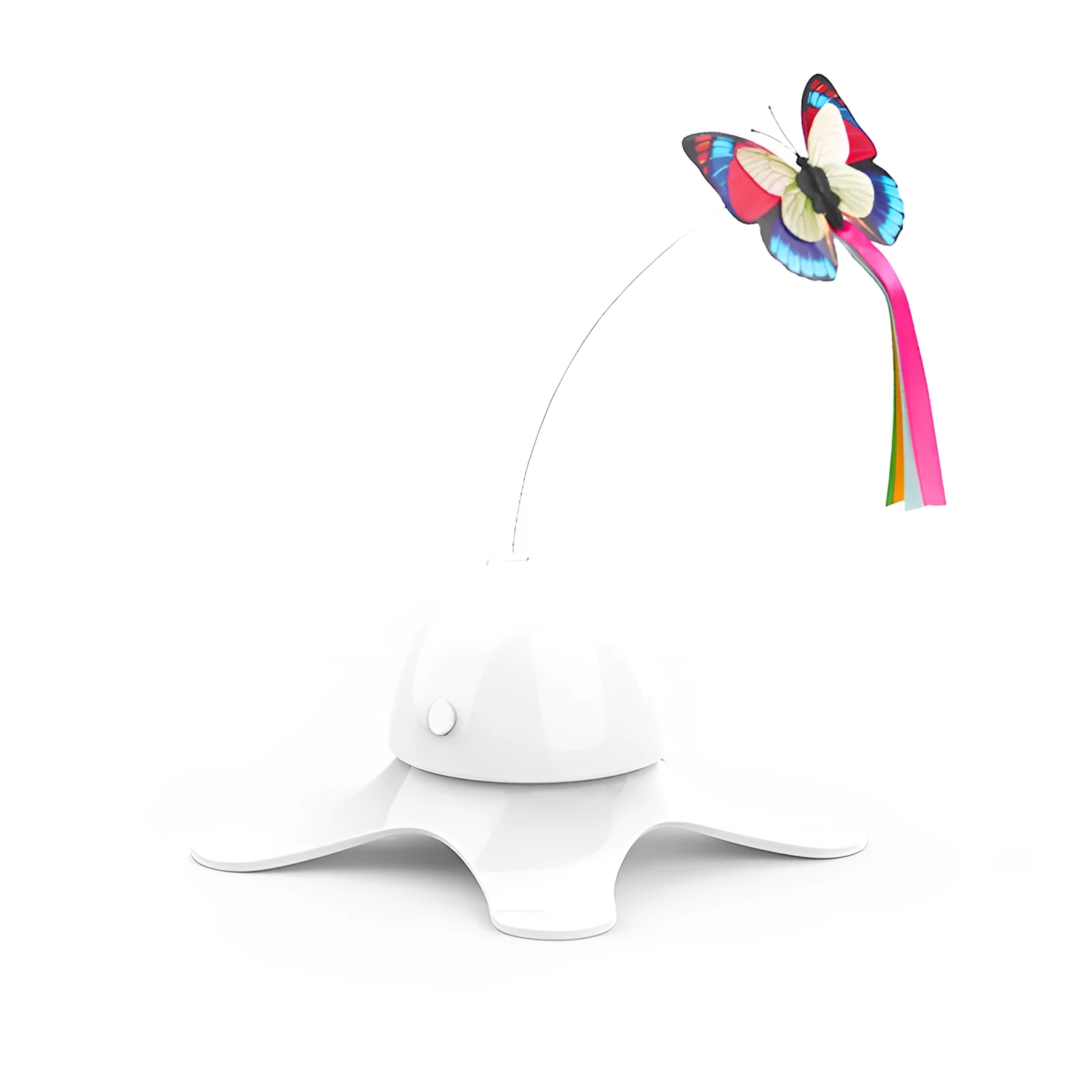 Automatic cat toy with rotating butterfly on stable octopus base, blue colour, glowing in dark