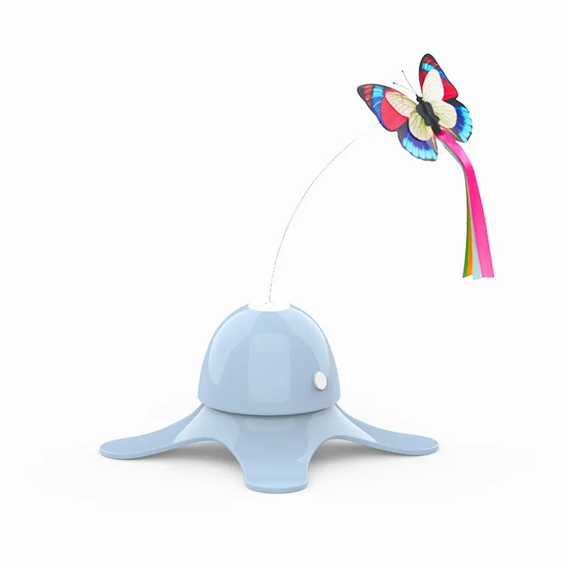 Automatic cat toy with rotating butterfly on stable octopus base, blue colour, glowing in dark