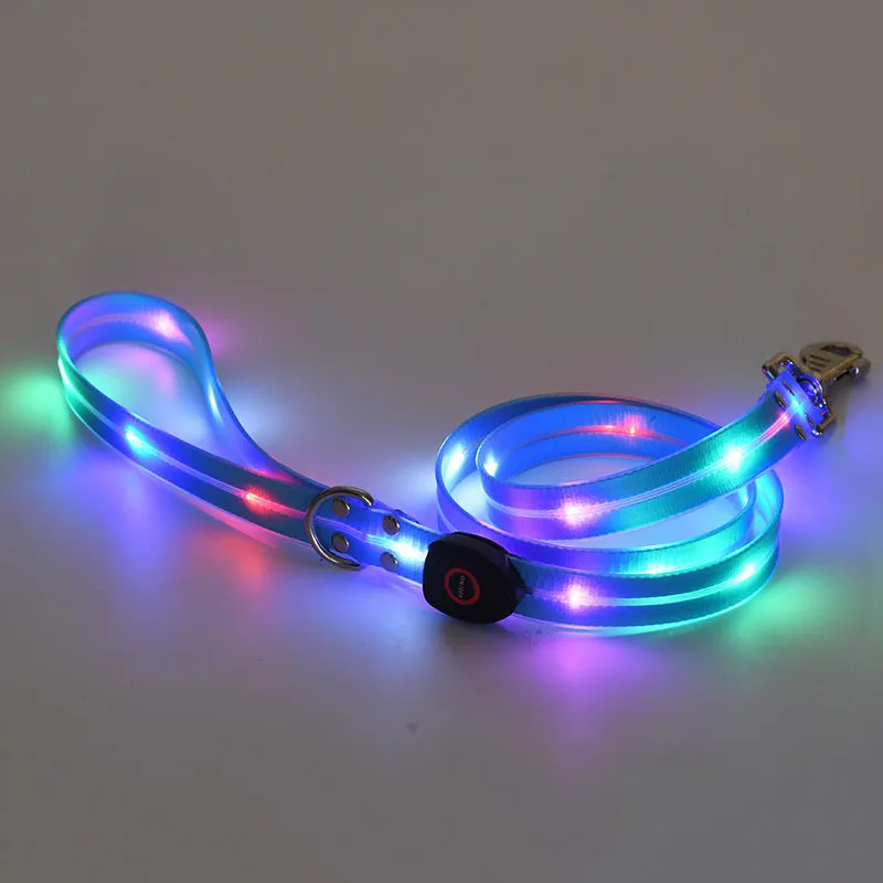 LED luminous pet collar and nylon tow rope with colourful light strips, rechargeable via USB, in black colour option
