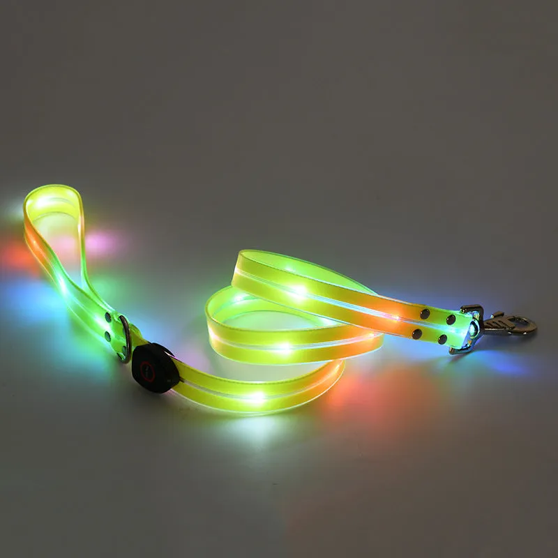 LED luminous pet collar and nylon tow rope with colourful light strips, rechargeable via USB, in black colour option